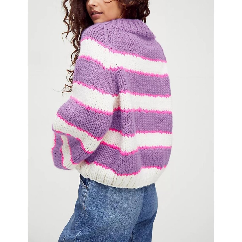 Women's Stripe Pullover Sweater Turtleneck Ribbed Top Chunky Knitwear Purple - Picture 3 of 4